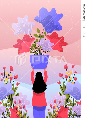8 March womens day girl holding flowers bouquet celebrating spring holiday colorful floral background abstract landscape 136758340