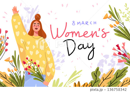 8 March womens day celebration woman holding flowers cheerful girl in yellow sweater surrounded by colorful floral decoration festive background 8 March womens day celebration woman holding flowers cheerful girl in yellow sweater surrounded by colorful floral decoration festive background 136758342