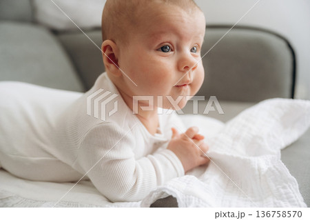On the sofa. Cute little baby is lying down On the sofa. Cute little baby is lying down 136758570