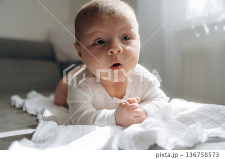 On the sofa. Cute little baby is lying down On the sofa. Cute little baby is lying down 136758573