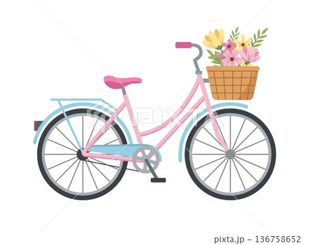 Cute pink retro bicycle with a wicker basket full of spring flowers 136758652