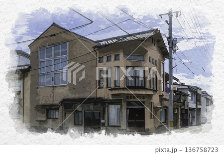水彩画風　東城の町並み　街道東城路　広島県庄原市 136758723