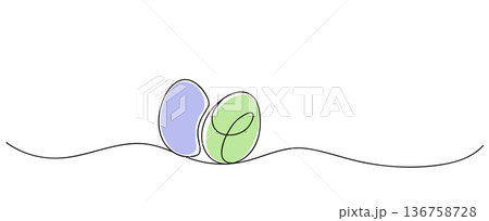 Two Easter Eggs One Continuous Line Art Pastel Purple Green Spring Holiday Minimalist Vector Illustration 136758728