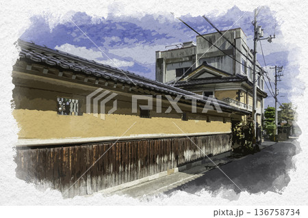 水彩画風　東城の町並み　広島県庄原市 136758734