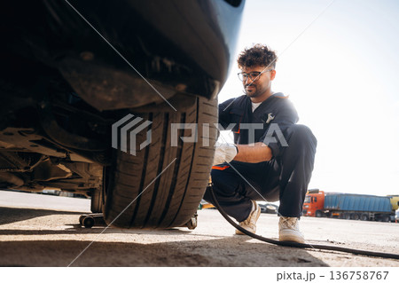 Sitting, side view, changing tire, using screwdriver. Mechanic is with the car outdoors Sitting, side view, changing tire, using screwdriver. Mechanic is with the car outdoors 136758767