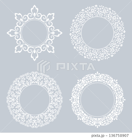 Set of decorative frames Elegant vector element for design in Eastern style, place for text. Floral gray and white frames. Lace illustration for invitations and greeting cards 136758907