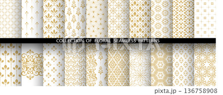 Geometric floral set of seamless patterns. White and golden vector backgrounds. Damask graphic ornaments 136758908
