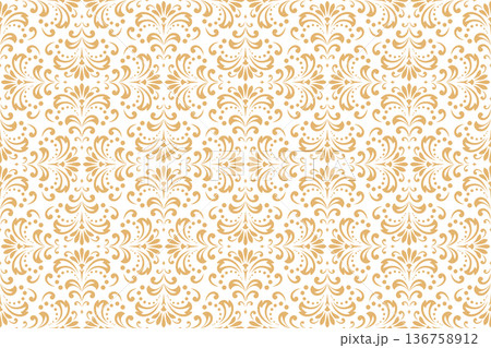 Flower geometric pattern. Seamless vector background. White and golden ornament. Ornament for fabric, wallpaper, packaging. Decorative print 136758912