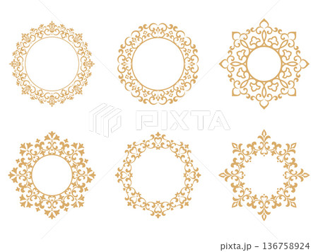 Set of decorative frames Elegant vector element for design in Eastern style, place for text. Floral golden and white frames. Lace illustration for invitations and greeting cards Set of decorative frames Elegant vector element for design in Eastern style, place for text. Floral golden and white frames. Lace illustration for invitations and greeting cards 136758924