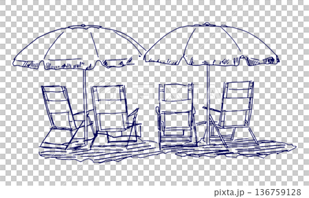手描きイラスト スケッチ ビーチパラソルとビーチチェアがある夏の風景 136759128