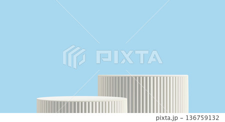 Podium blue bg, 3d sale limbo product stage. Cylinder platform display discount, sky pastel light promotion studio. White pillar cosmetic stand, abstract pedestal grey stair table. Award scene banner 136759132
