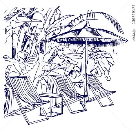 手描きイラスト スケッチ プールサイドのビーチパラソルとビーチチェア 136759172