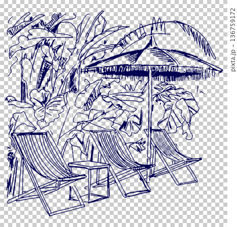 手描きイラスト スケッチ プールサイドのビーチパラソルとビーチチェア 136759172