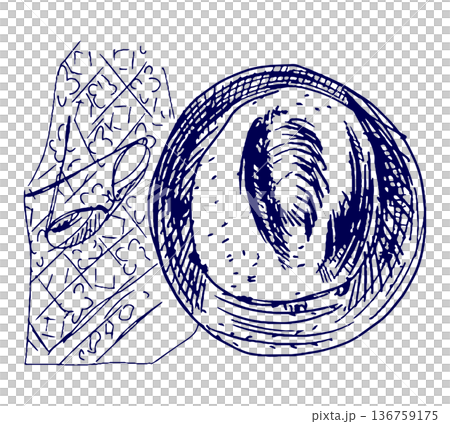 手描きイラスト スケッチ 帽子とスカーフとサングラス 136759175