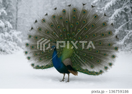 雪景色の中で羽を広げる、インドクジャクの雄の美しい一瞬 136759186