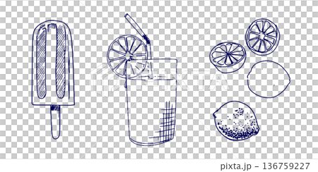 手描きイラスト スケッチ アイスクリームとドリンクとレモン 136759227