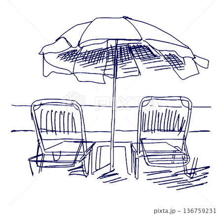 手描きイラスト スケッチ 海辺のビーチパラソルとビーチチェア 136759231