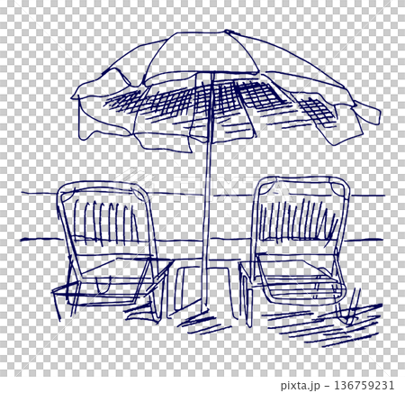 手描きイラスト スケッチ 海辺のビーチパラソルとビーチチェア 136759231