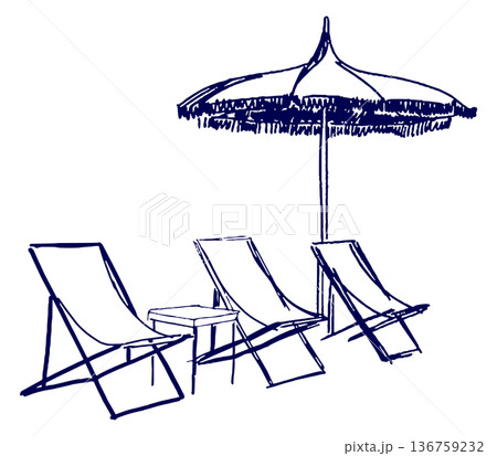 手描きイラスト スケッチ ビーチパラソルとビーチチェア 136759232