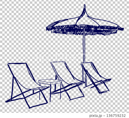 手描きイラスト スケッチ ビーチパラソルとビーチチェア 136759232
