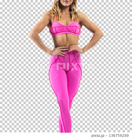Athletic woman posing in pink sports bra and leggings with transparent background 136759289
