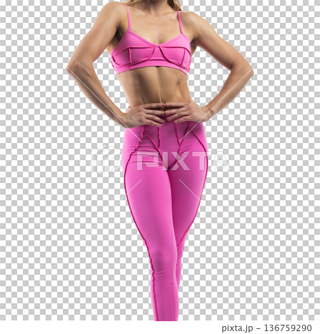 Athletic woman posing in pink sports bra and leggings with transparent background 136759290