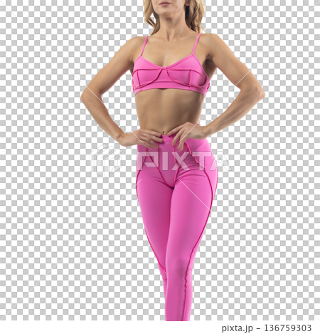 Athletic woman posing in pink sports bra and leggings with transparent background Athletic woman posing in pink sports bra and leggings with transparent background 136759303