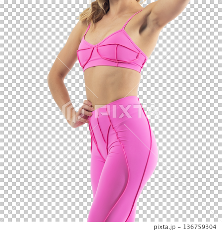Athletic woman posing in pink sports bra and leggings with transparent background Athletic woman posing in pink sports bra and leggings with transparent background 136759304