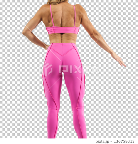 Athletic woman posing in pink sports bra and leggings with transparent background Athletic woman posing in pink sports bra and leggings with transparent background 136759315