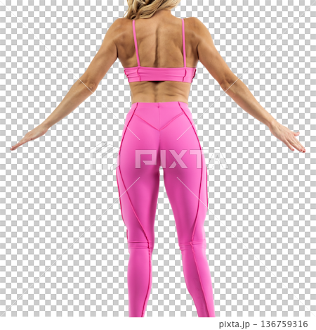 Athletic woman posing in pink sports bra and leggings with transparent background Athletic woman posing in pink sports bra and leggings with transparent background 136759316