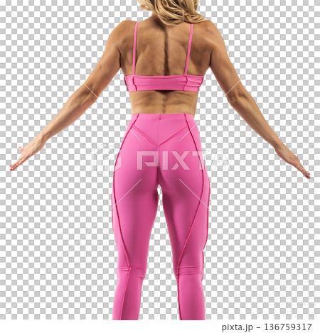 Athletic woman posing in pink sports bra and leggings with transparent background 136759317