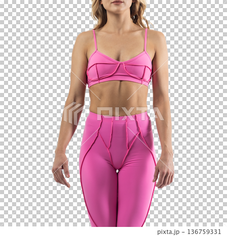 Athletic woman posing in pink sports bra and leggings with transparent background 136759331
