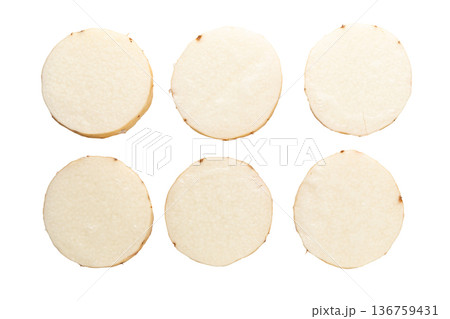 Yamaimo roots and slices or Chinese yam isolated over white background 136759431