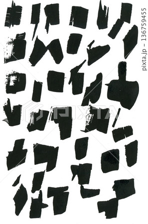 Black ink brush strokes and random splashes on white paper. Natural handmade textures for posters, flyers, covers, branding and experimental graphic design. 136759455