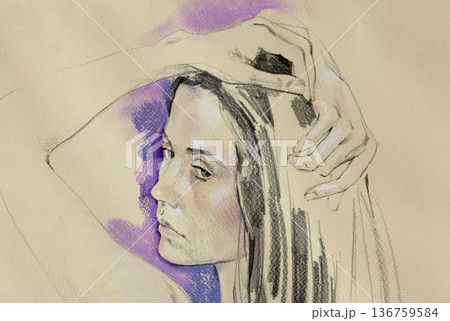 female portrait, pencil drawing illustration, sketch female portrait, pencil drawing illustration, sketch 136759584