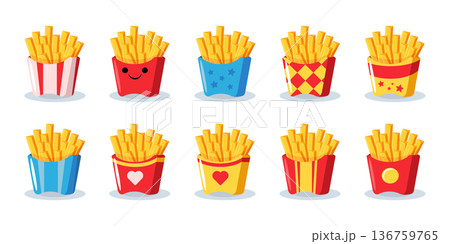 Set of cute cartoon french fries in different colorful paper boxes, fast food icons 136759765
