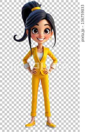 A dynamic female CEO in bright yellow, with technology-driven patterns and market insights framing her, reflecting her bold leadership 136759833