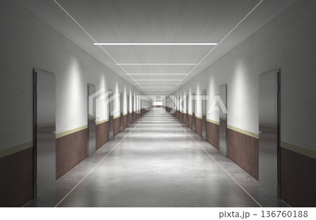 long corridor with doors, interior visualization, 3D illustration 136760188
