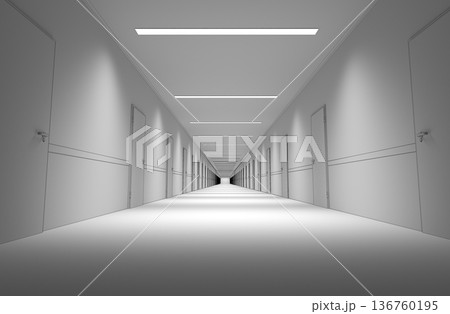 long corridor with doors, interior visualization, 3D illustration long corridor with doors, interior visualization, 3D illustration 136760195