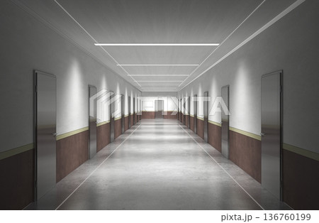 long corridor with doors, interior visualization, 3D illustration long corridor with doors, interior visualization, 3D illustration 136760199