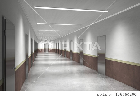 long corridor with doors, interior visualization, 3D illustration 136760200