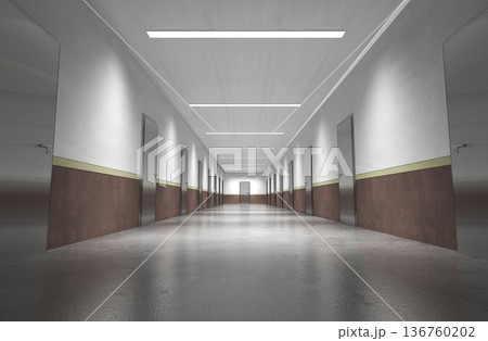 long corridor with doors, interior visualization, 3D illustration 136760202