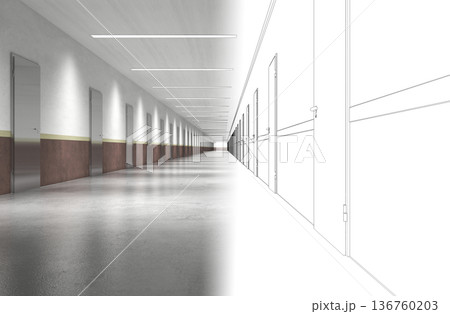 long corridor with doors, interior visualization, 3D illustration long corridor with doors, interior visualization, 3D illustration 136760203