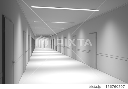long corridor with doors, interior visualization, 3D illustration 136760207