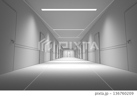 long corridor with doors, interior visualization, 3D illustration 136760209