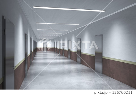 long corridor with doors, interior visualization, 3D illustration 136760211