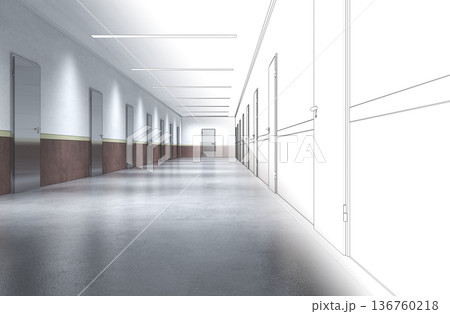 long corridor with doors, interior visualization, 3D illustration 136760218