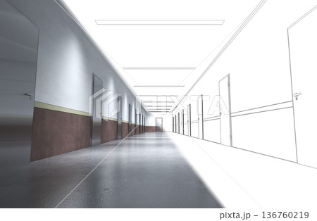 long corridor with doors, interior visualization, 3D illustration 136760219
