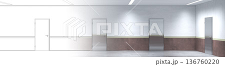 long corridor with doors, interior visualization, 3D illustration 136760220