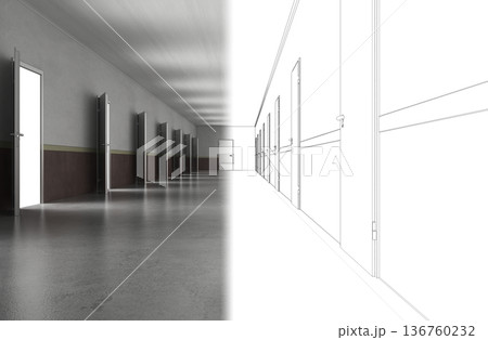 long corridor with doors, interior visualization, 3D illustration long corridor with doors, interior visualization, 3D illustration 136760232